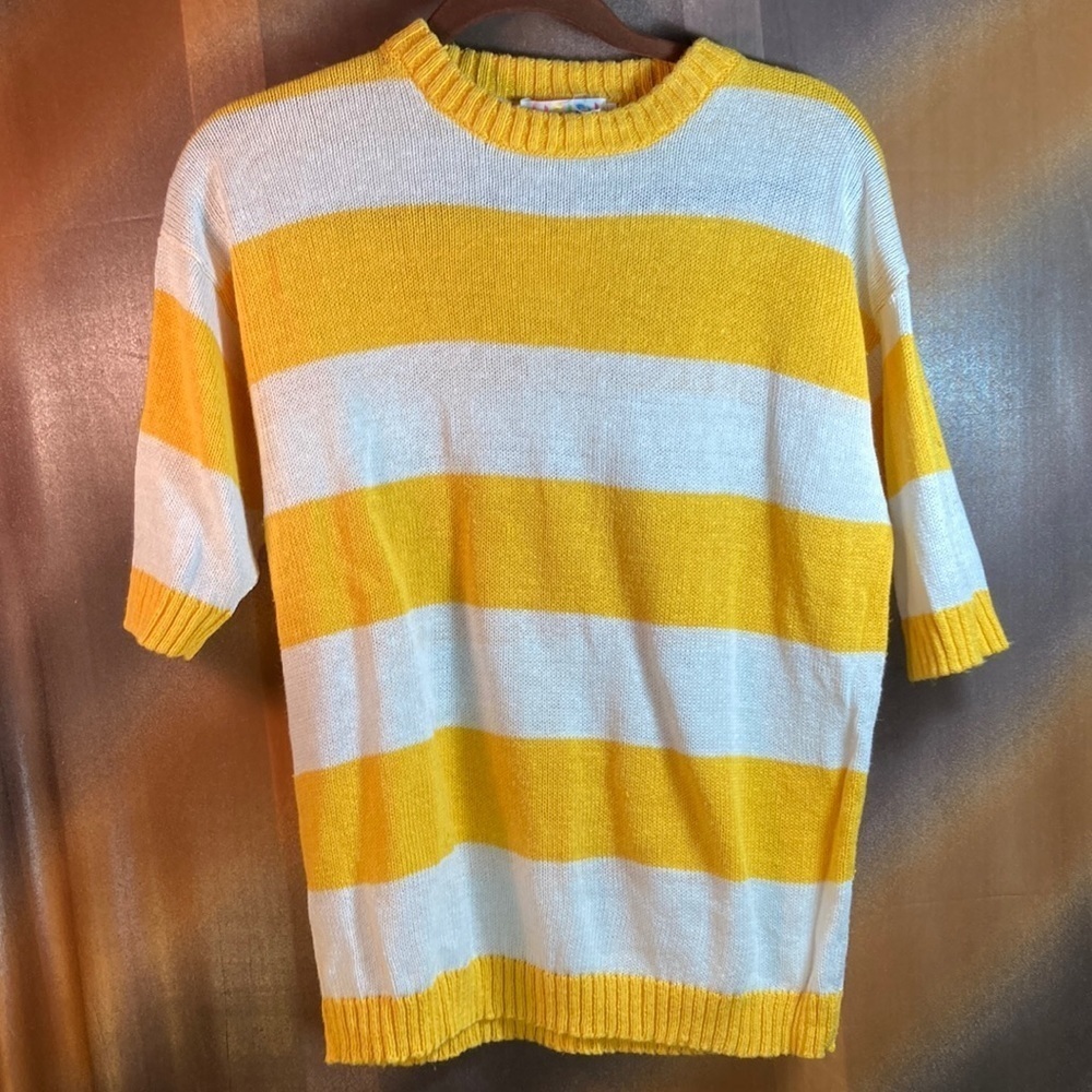 Vintage 90’s Heidi yellow and white ramie/cotton sweater  Size‎ M 36” chest B8